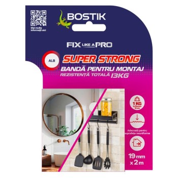 Banda dublu adeziva pentru montaj Bostik Super Strong, alb, 19 mm x 2 m