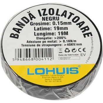 Banda izolatoare electrica PVC Lohuis, negru, 0.15 x 19 mm, rola 19 m