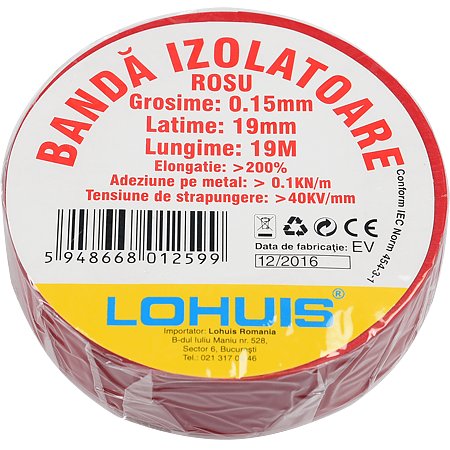 Banda izolatoare electrica PVC Lohuis, rosu, 19 mm, 74 g, rola 19 m