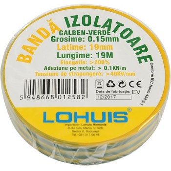 Banda izolatoare electrica PVC Lohuis, verde - galben, 19 mm, rola 19 m