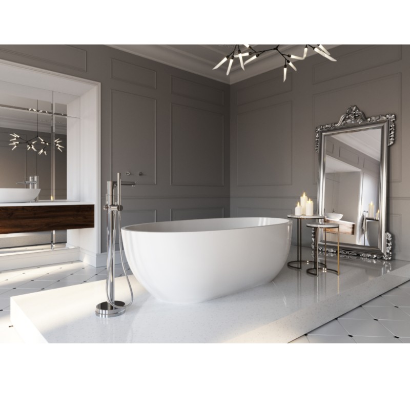 Baterie stativa cada freestanding Ferro Fiesta BFI11F, monocomanda, set dus inclus, montaj in pardoseala, reversibila, crom 85,7 x 68,7 x 21 cm