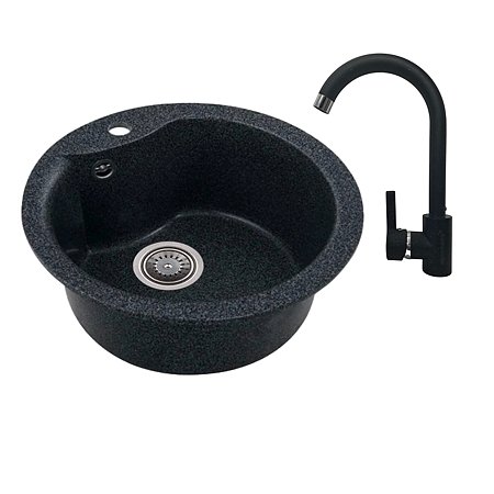 Chiuveta bucatarie Hausberg Pi, cu baterie, granit-compozit, rotund, negru, 480 mm