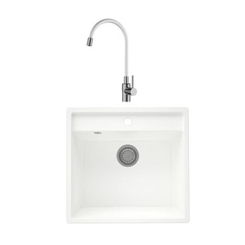 Chiuveta de bucatarie SanDonna Selena, granit compozit, alb cu baterie flexibila Lola, alb-crom, 53 x 50 cm