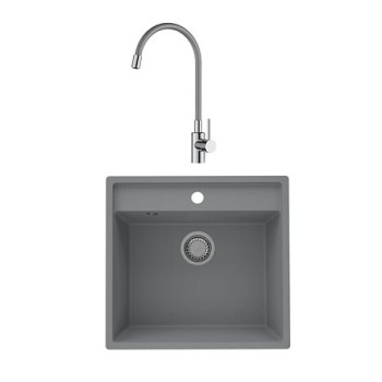 Chiuveta de bucatarie SanDonna Selena, granit compozit, gri cu baterie flexibila Lola, gri-crom, 53 x 50 cm