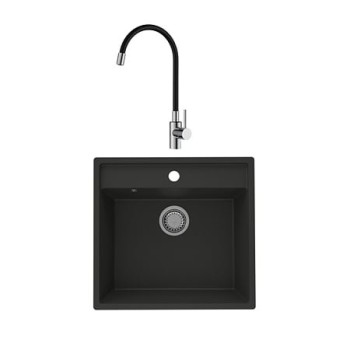 Chiuveta de bucatarie SanDonna Selena, granit compozit, negru cu baterie flexibila Lola, negru-crom, 53 x 50 cm cm
