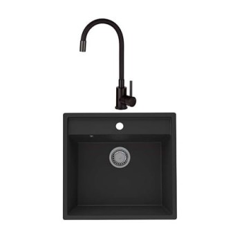 Chiuveta de bucatarie SanDonna Selena, granit compozit, negru cu baterie flexibila Lola, negru, 53 x 50 cm