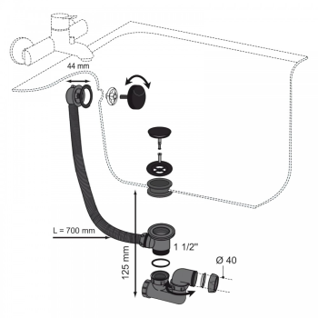 Coloana de cada Wirquin, cu buton ABS si dop Quick-Clack, alb/negru mat, ø40,  70 cm