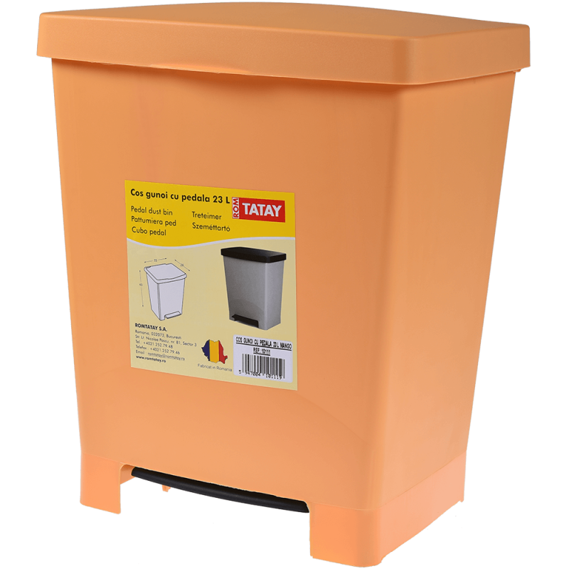 Cos gunoi cu pedala RomTatay, plastic, portocaliu, 23L