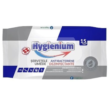 Servetele umede dezinfectante pentru maini Hygienium, antibacteriene, 15 bucati