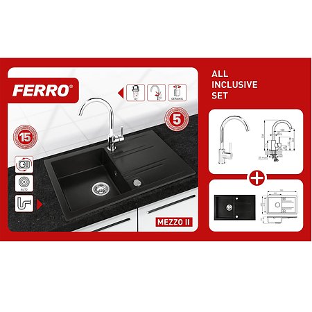 Set chiuveta granit + baterie Ferro Mezzo II DRGM48/78BA+BLG4, cuva reversibila, negru, 48 x 78 cm
