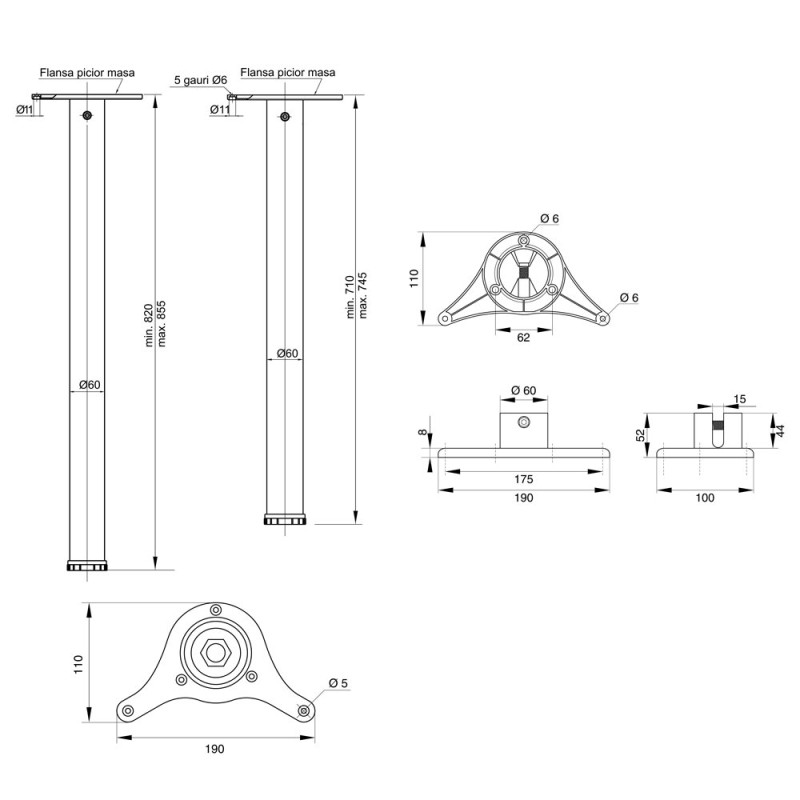 Set picioare de masa Teko, otel, negru mat, cilindric, 4 bucati, diametru 60 mm, L 710 mm