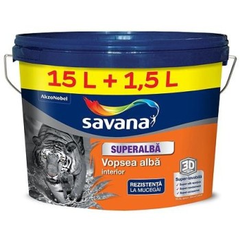 Vopsea superlavabila interior Savana 3D Activ, cu rezistenta la mucegai, alb, 15 l + 1.5 l